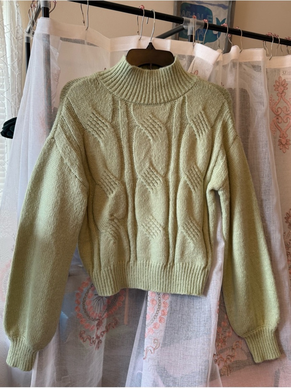 Women's Light Green Cable Knit Mock Neck Sweater